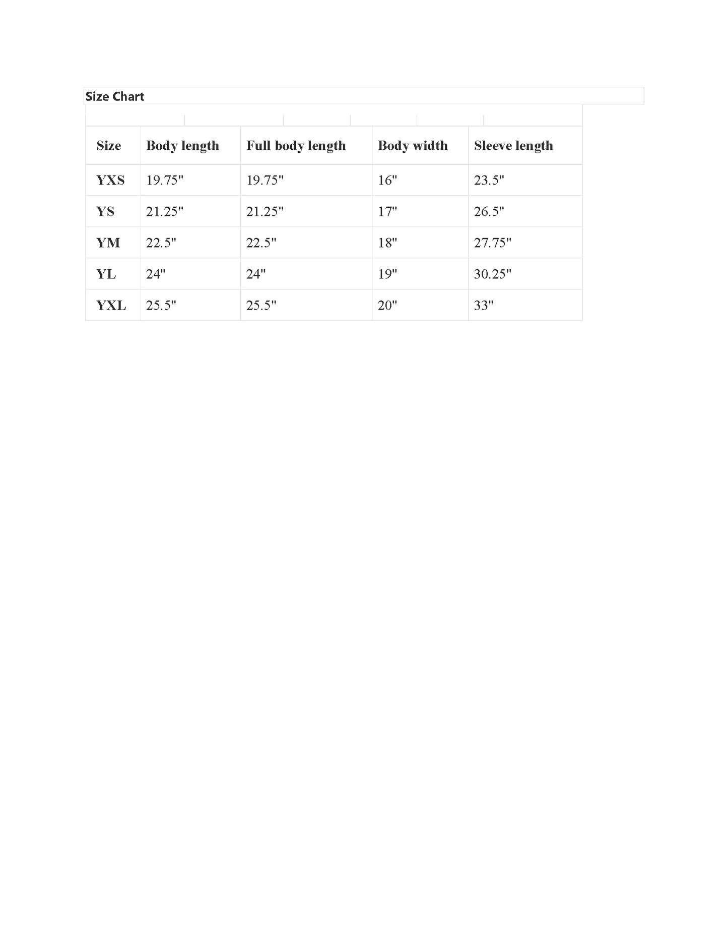 Kids Meta Galactic hoodie size chart with measurements for youth sizes YXS, YS, YM, YL, and YXL.