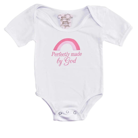 White baby onesie with pink rainbow and "Perfectly made by God" text, soft cotton for 6-12 months