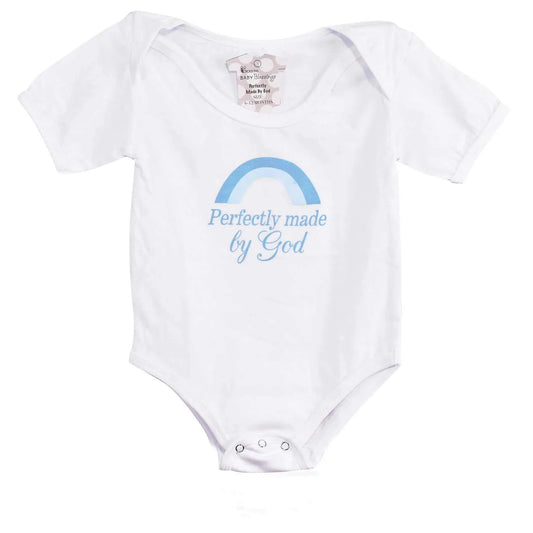 White baby onesie with blue rainbow and "Perfectly Made By God" text, soft cotton fabric, snap closures.