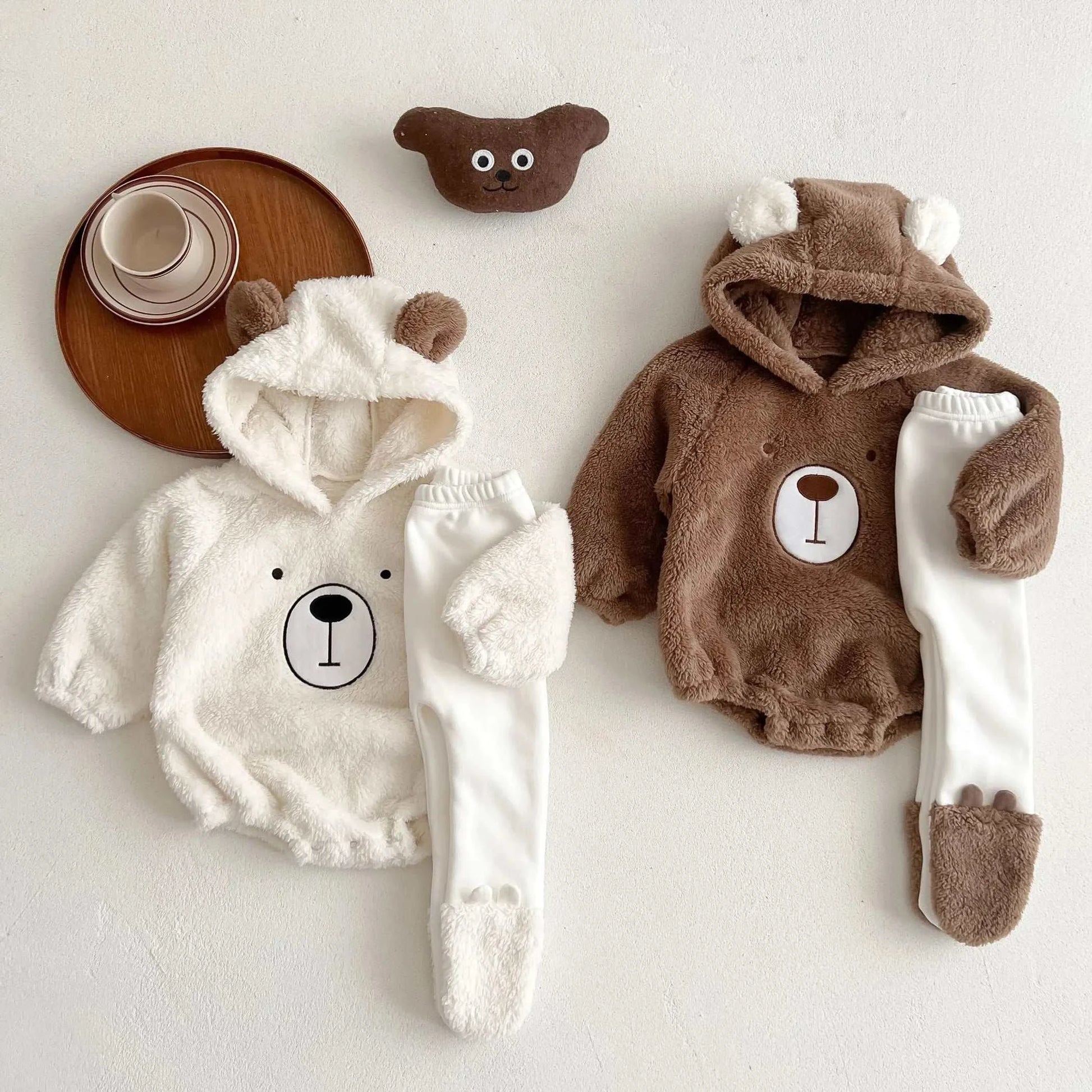 Baby bear embroide pattern soft bodysuits in white and brown with hood and bear ears, cozy and comfortable for babies.