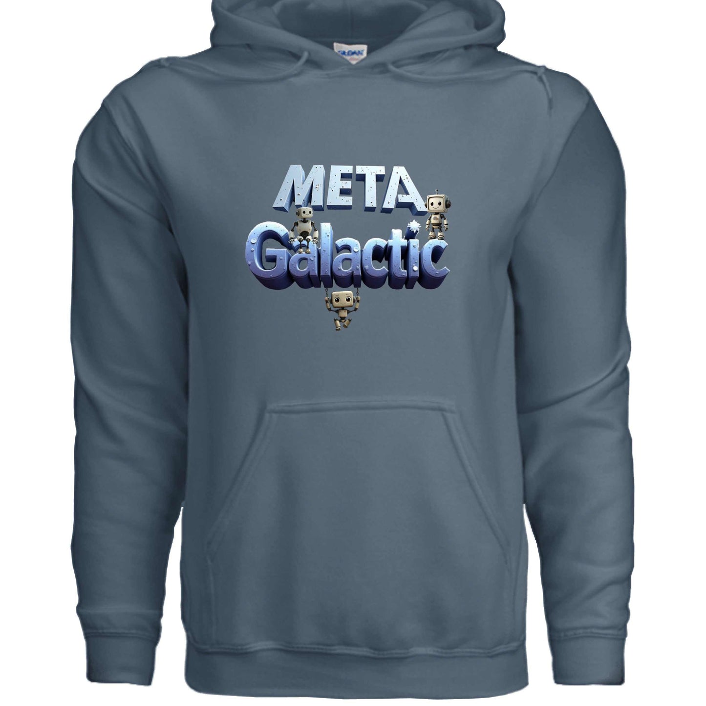 Meta Galactic Hoodie with blue fabric, robot graphics, and front pouch pocket by Gildan