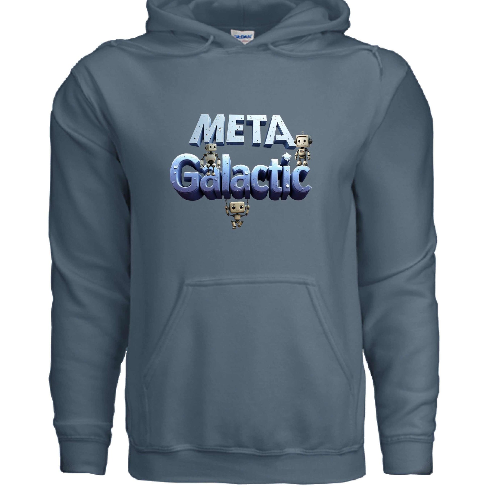 Meta Galactic Hoodie with blue fabric, robot graphics, and front pouch pocket by Gildan
