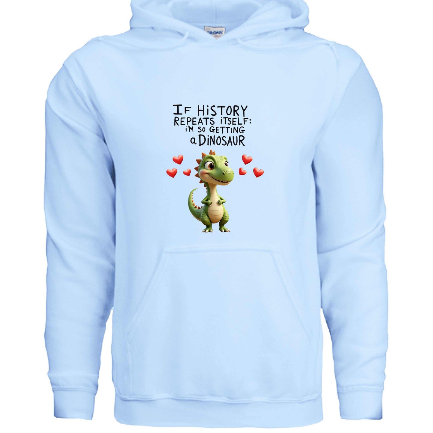 Adult Gildan G185 dinosaur hoodie made with sustainable cotton and renewable energy